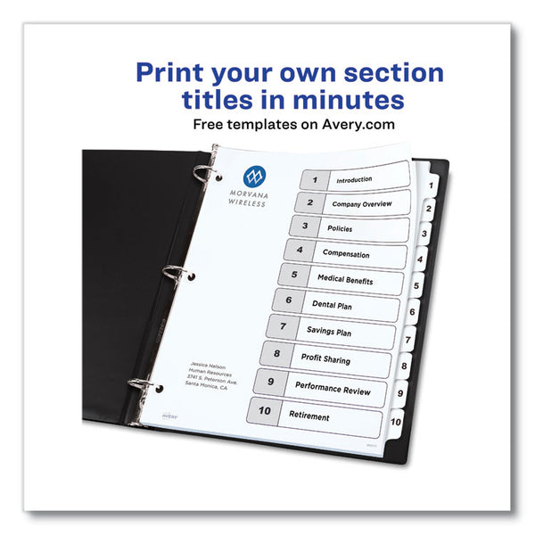 Avery® Customizable Table of Contents Ready Index Black and White Dividers, 10-Tab, 1 to 10, 11 x 8.5, White, 6 Sets (AVE11823)