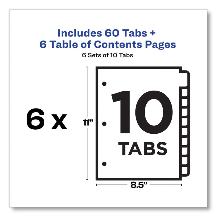 Avery® Customizable Table of Contents Ready Index Black and White Dividers, 10-Tab, 1 to 10, 11 x 8.5, White, 6 Sets (AVE11823)