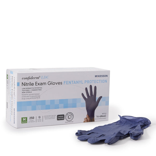 McKesson Confiderm® LDC Exam Glove Medium NonSterile Nitrile Standard Cuff Length Fully Textured Blue Chemo Tested / Fentanyl Tested (1159330_BX) 250/BX