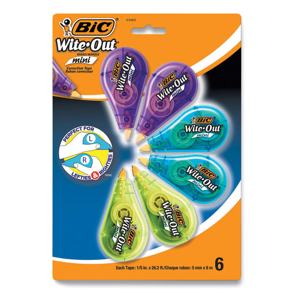 BIC® Wite-Out Brand Mini Correction Tape, Non-Refillable, Blue/Purple/Yellow Applicators, 0.2" x 314.4", 6/Pack (BICWOTMP61WHI)