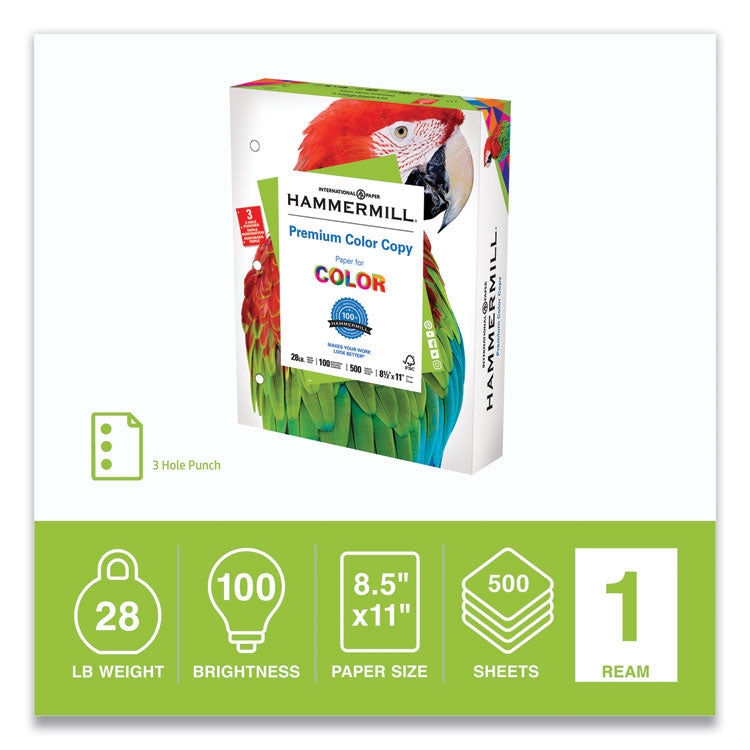 Hammermill® Premium Color Copy Print Paper, 100 Bright, 3-Hole, 28 lb Bond Weight, 8.5 x 11, Photo White, 500 Sheets/Ream, 8 Reams/Carton (HAM102500)