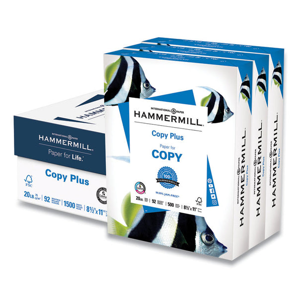Hammermill® Copy Plus Print Paper, 92 Bright, 20 lb Bond Weight, 8.5 x 11, White, 500 Sheets/Ream, 3 Reams/Carton (HAM105040)
