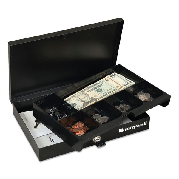 Honeywell Low Profile Cash Box,1 Bill, 5 Coin Slots, Key Lock, 11.6 x 8 x 1.9, Steel, Black (HWL6212) Each