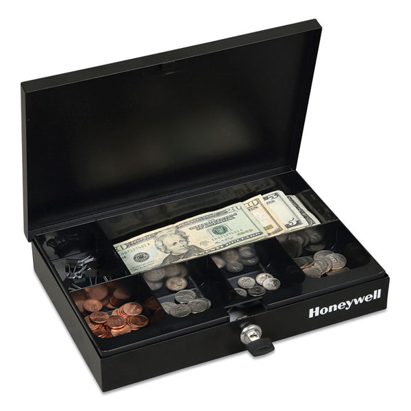 Honeywell Low Profile Cash Box,1 Bill, 5 Coin Slots, Key Lock, 11.6 x 8 x 1.9, Steel, Black (HWL6212) Each