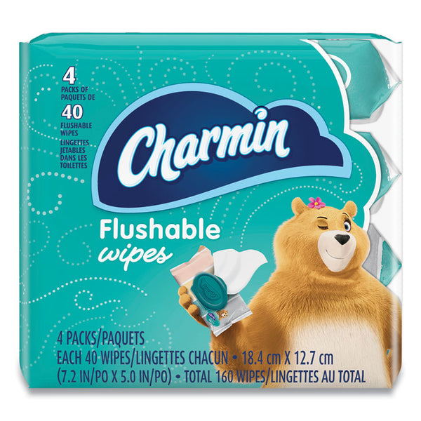 Charmin® Flushable Wipes, 1-Ply, 5 x 7.2, Unscented, White, 40 Wipes/Tub, 4 Tubs/Pack (PGC79619)