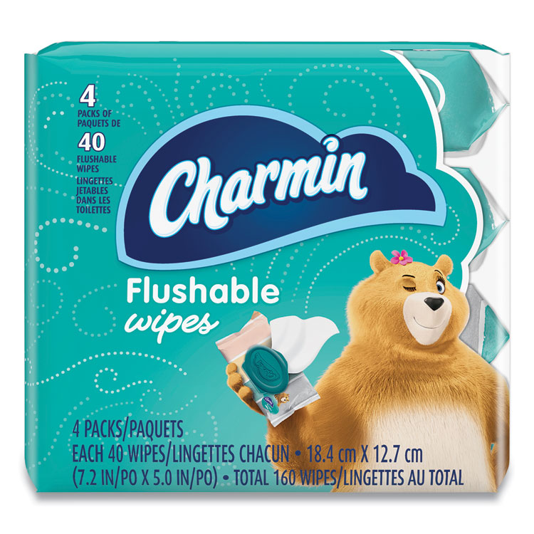 Charmin® Flushable Wipes, 1-Ply, 5 x 7.2, Unscented, White, 40 Wipes/Tub, 4 Tubs/Pack (PGC79619)