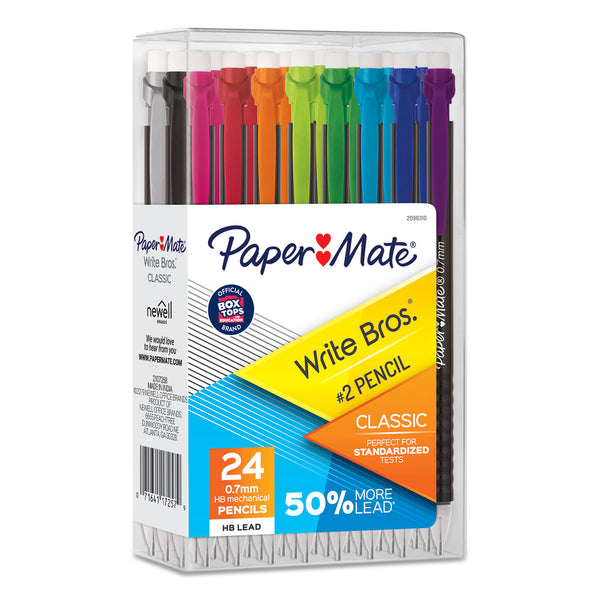 Papermate Write Bros Mechanical Pencil, 0.7 mm, HB (#2), Black Lead, Black Barrel with Assorted Clip Colors, 24/Box (PAP2096310) Box of 24