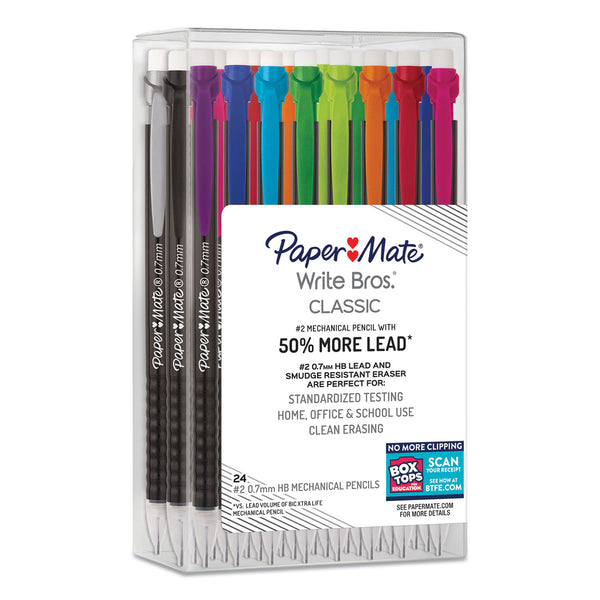 Papermate Write Bros Mechanical Pencil, 0.7 mm, HB (#2), Black Lead, Black Barrel with Assorted Clip Colors, 24/Box (PAP2096310) Box of 24