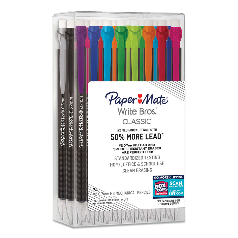 Papermate Write Bros Mechanical Pencil, 0.7 mm, HB (#2), Black Lead, Black Barrel with Assorted Clip Colors, 24/Box (PAP2096310) Box of 24