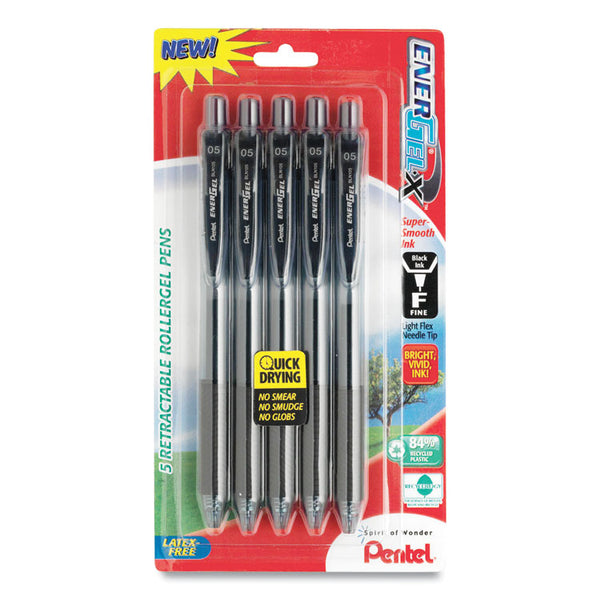 Pentel® EnerGel-X Gel Pen, Retractable, Medium 0.7 mm, Black Ink, Smoke/Black Barrel, 5/Pack (PENBL107BPS5A)