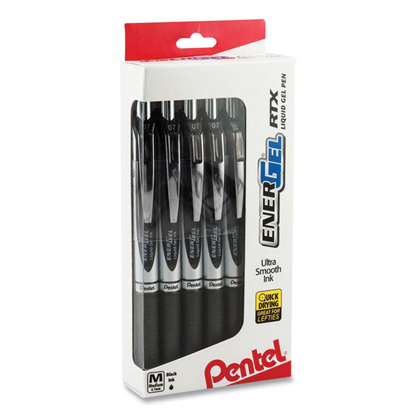 Pentel® EnerGel RTX Gel Pen, Retractable, Medium 0.7 mm, Black Ink, Black/Silver Barrel, Dozen (PENBL77PC12A1)