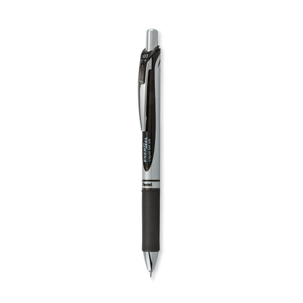 Pentel® EnerGel RTX Gel Pen, Retractable, Extra-Fine 0.3 mm, Black Ink, Black/Silver Barrel, Dozen (PENBLN73A)