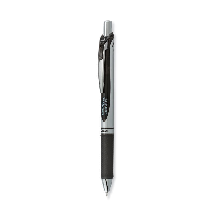 Pentel® EnerGel RTX Gel Pen, Retractable, Extra-Fine 0.3 mm, Black Ink, Black/Silver Barrel, Dozen (PENBLN73A)