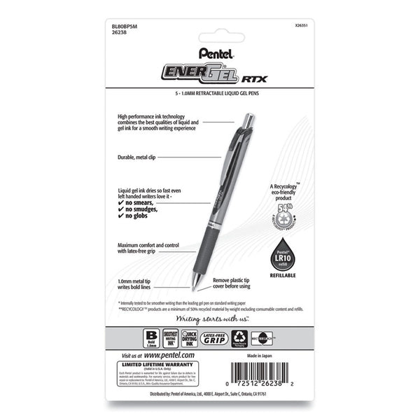 Pentel® EnerGel RTX Gel Pen, Retractable, Bold 1 mm, Assorted Ink and Barrel Colors, 5/Pack (PENBL80BP5M)