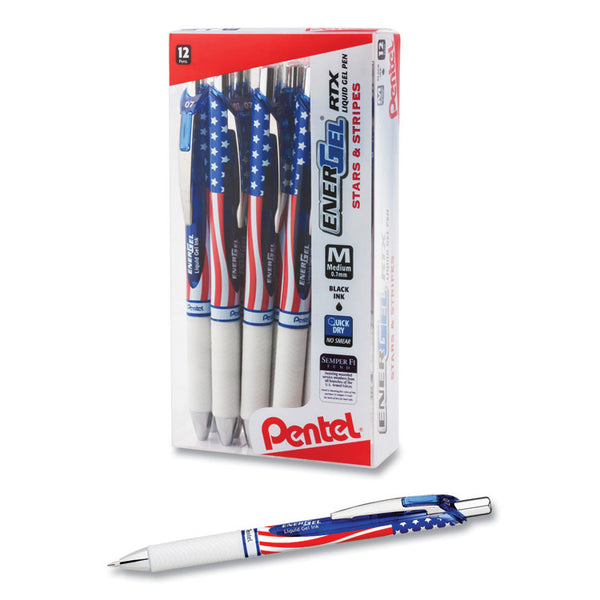 Pentel® EnerGel RTX Stars and Stripes Gel Pen, Retractable, Medium 0.7 mm, Black Ink, Red/White/Blue Barrel, Dozen (PENBL77USAA)