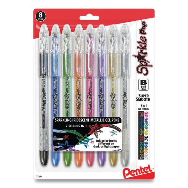 Pentel® Sparkle Pop Metallic Gel Pen, Stick, Bold 1 mm, Assorted Ink Colors, Clear Barrel, 8/Pack (PENK91BPS8M) Pack of 8