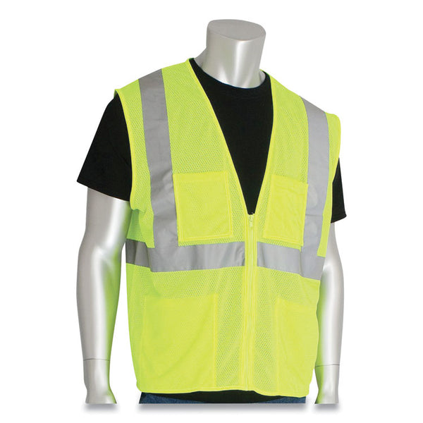 PIP ANSI Class 2 Four Pocket Zipper Safety Vest, Polyester Mesh, Large, Hi-Viz Lime Yellow (PID302MVGZ4PLYL) Each