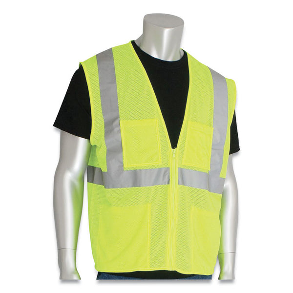 PIP ANSI Class 2 Four Pocket Zipper Safety Vest, Polyester Mesh, 4X-Large, Hi-Viz Lime Yellow (PIDMVGZ4PLY4X) Each