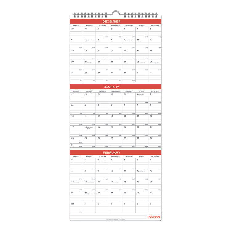 Universal® Three-Month Wall Calendar, 12 x 27, White/Red Sheets, 14-Month: Dec 2024 to Jan 2026 (UNV71003)