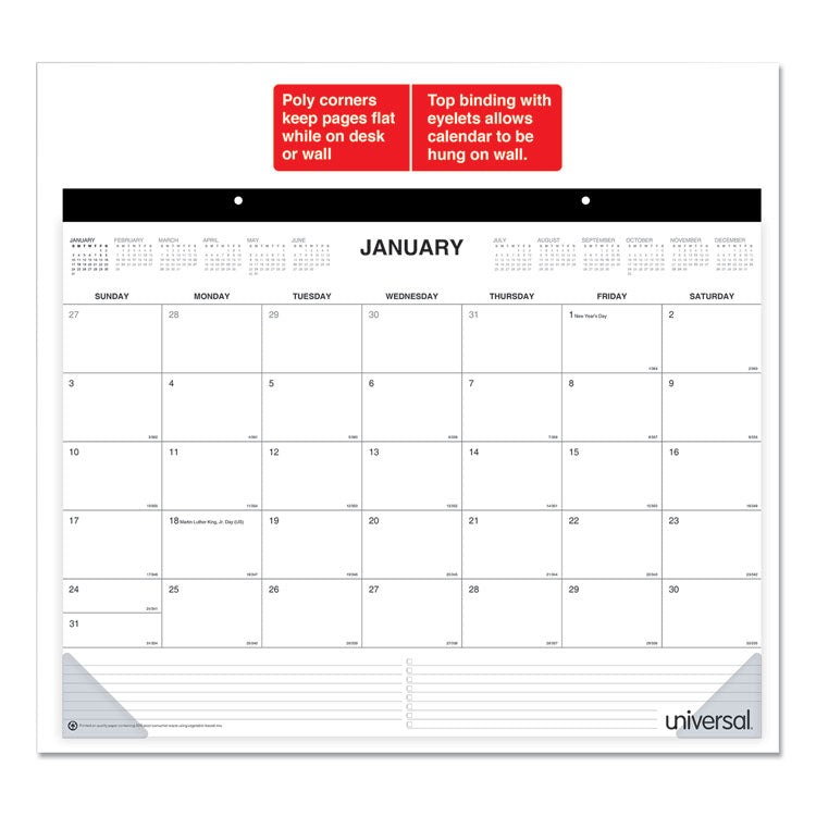 Universal® Desk Pad Calendar, 22 x 17, White Sheets, Black Binding, Clear Corners, 12-Month (Jan to Dec): 2025 (UNV71002)