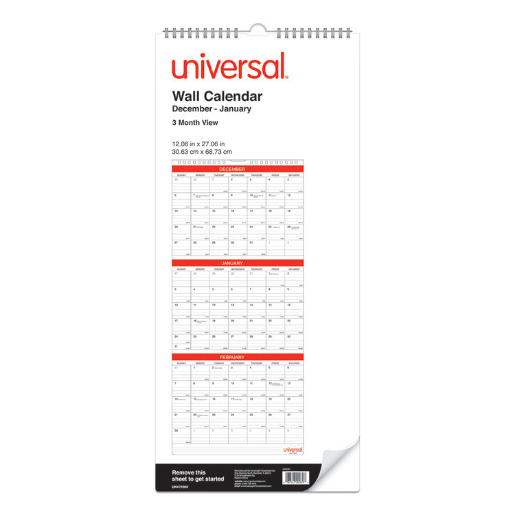 Universal® Three-Month Wall Calendar, 12 x 27, White/Red Sheets, 14-Month: Dec 2024 to Jan 2026 (UNV71003)