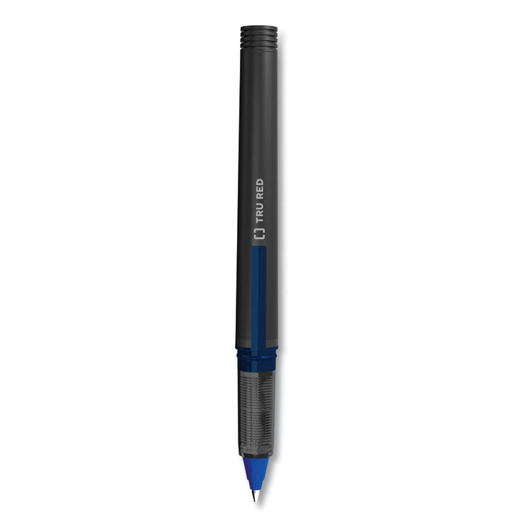 TRU RED™ Roller Ball Pen, Stick, Fine 0.5 mm, Blue Ink, Black/Blue/Clear Barrel, Dozen (TUD24419531)