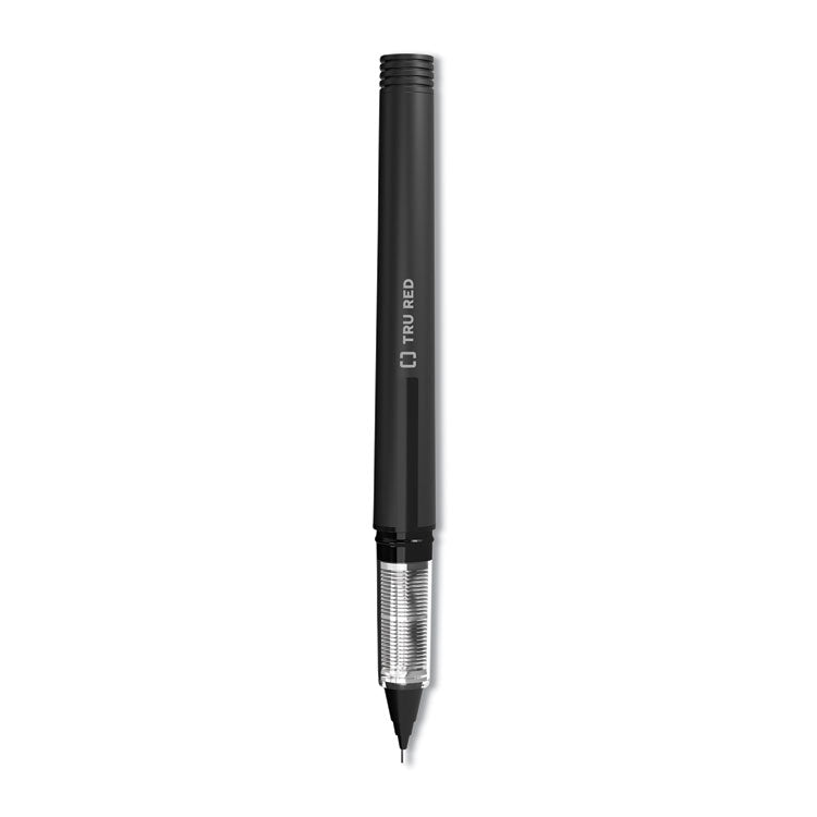 TRU RED™ Roller Ball Pen, Stick, Fine 0.5 mm Needle Tip, Black Ink, Black/Clear Barrel, Dozen (TUD24419533)