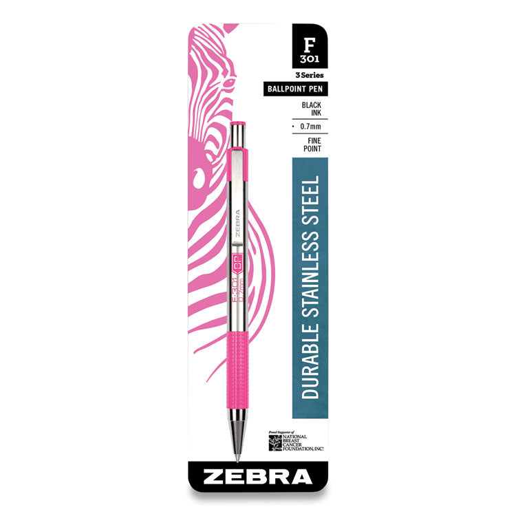 Zebra® F-301 Ballpoint Pen, Retractable, Fine 0.7 mm, Black Ink, Stainless Steel/Pink Barrel (ZEB37111) Each