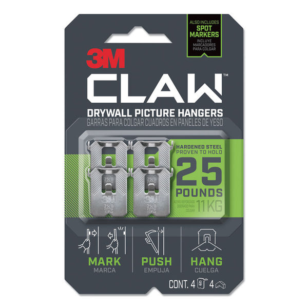 3M Claw Drywall Picture Hanger, Holds 25 lbs, 4 Hooks and 4 Spot Markers, Stainless Steel (MMM3PH25M4ES)