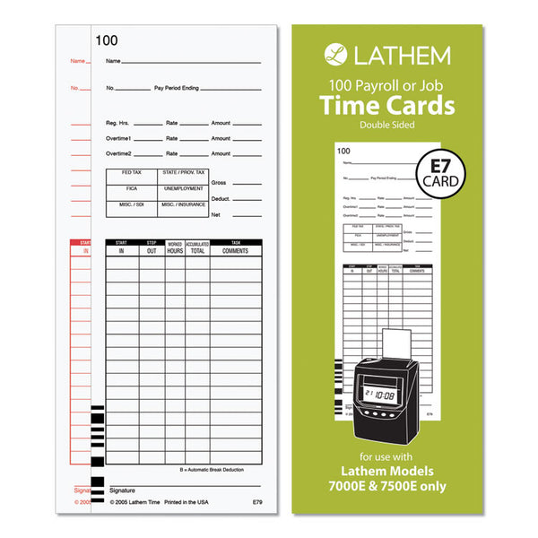 Lathem® Time Time Clock Cards for Lathem Time 7000E/7500E, Two Sides, 3.38 x 8.78, 100/Pack (LTHE79100)