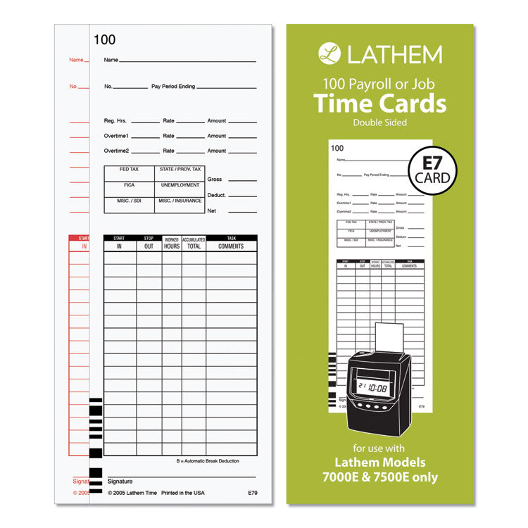 Lathem® Time Time Clock Cards for Lathem Time 7000E/7500E, Two Sides, 3.38 x 8.78, 100/Pack (LTHE79100)