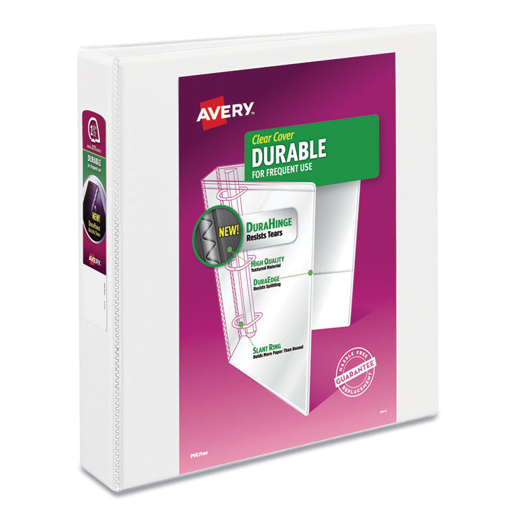 Avery® Durable View Binder with DuraHinge and Slant Rings, 3 Rings, 1.5" Capacity, 11 x 8.5, White, 4/Pack (AVE17576)