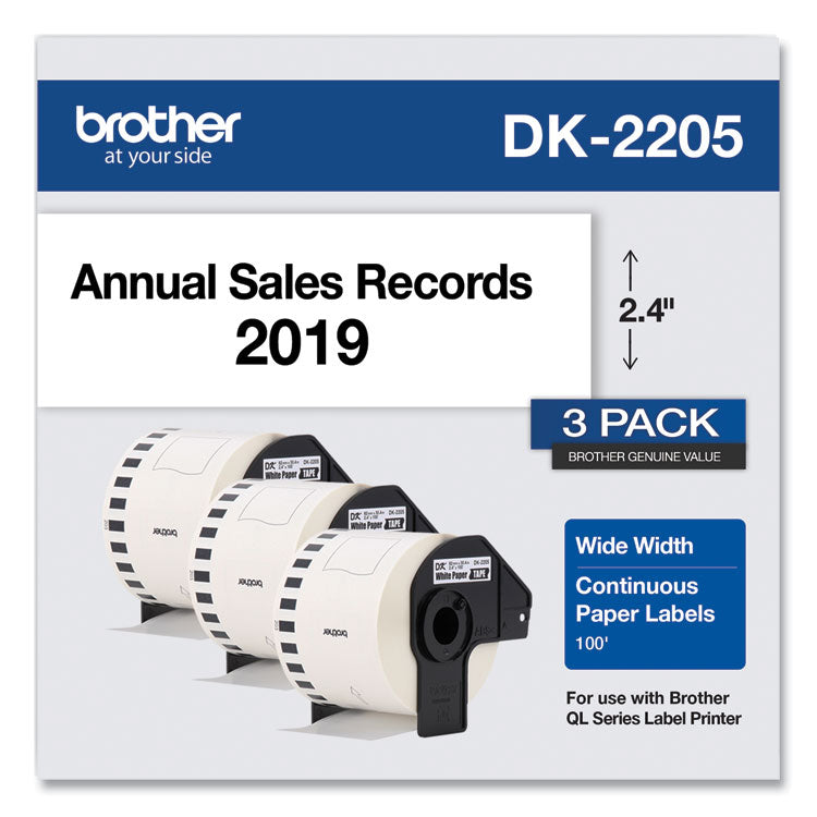 Brother Continuous Paper Label Tape, 2.4" x 100 ft, White, 3 Rolls/Pack (BRTDK22053PK) Pack of 3