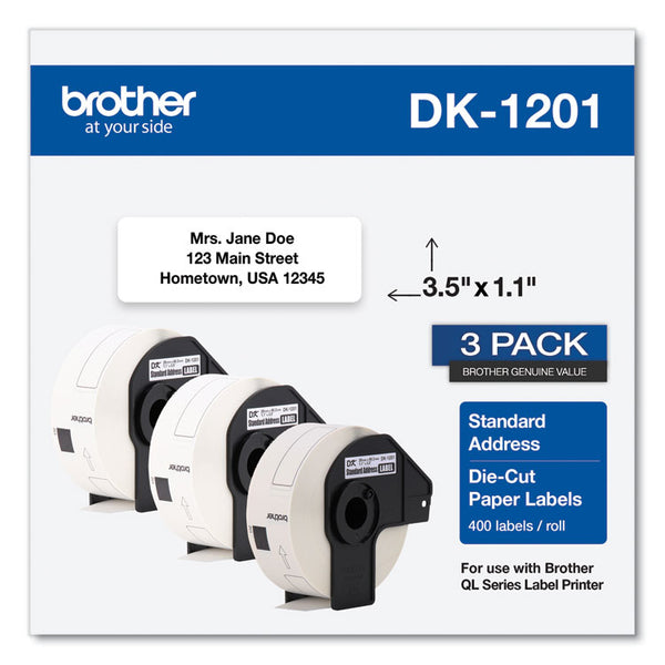 Brother Die-Cut Address Labels, 1.1 x 3.5, White, 400 Labels/Roll, 3 Rolls/Pack (BRTDK12013PK)
