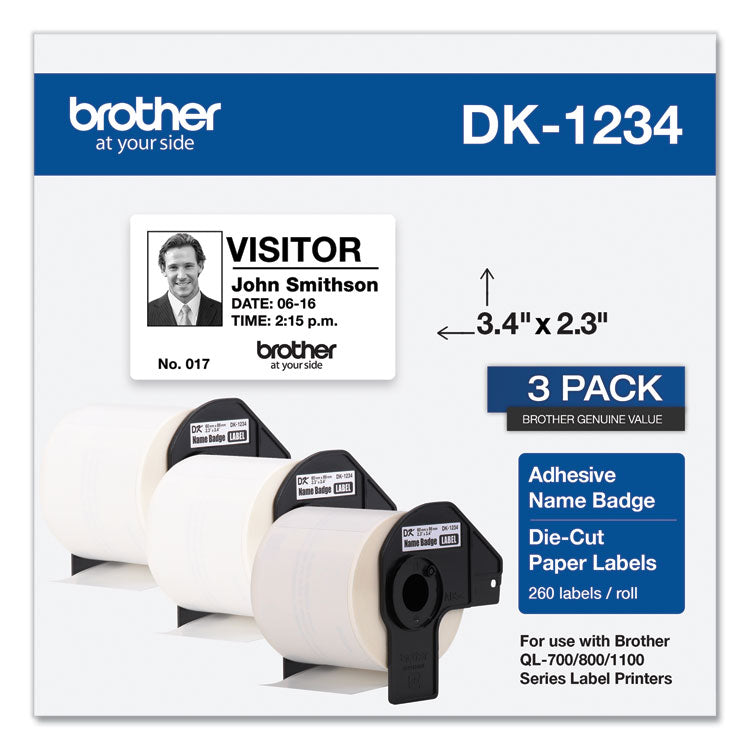 Brother Die-Cut Name Badge Labels, 2.3 x 3.4, White, 260 Labels/Roll, 3 Rolls/Pack (BRTDK12343PK) Pack of 3