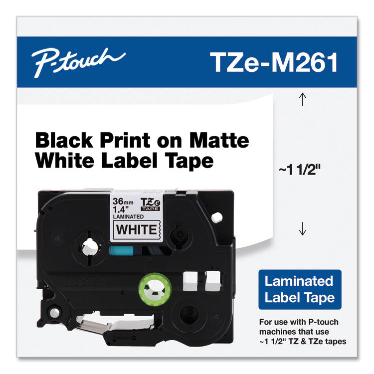 Brother P-Touch® TZe Standard Adhesive Laminated Labeling Tape, 1.4" x 26.2 ft, Black on Matte White (BRTTZEM261)