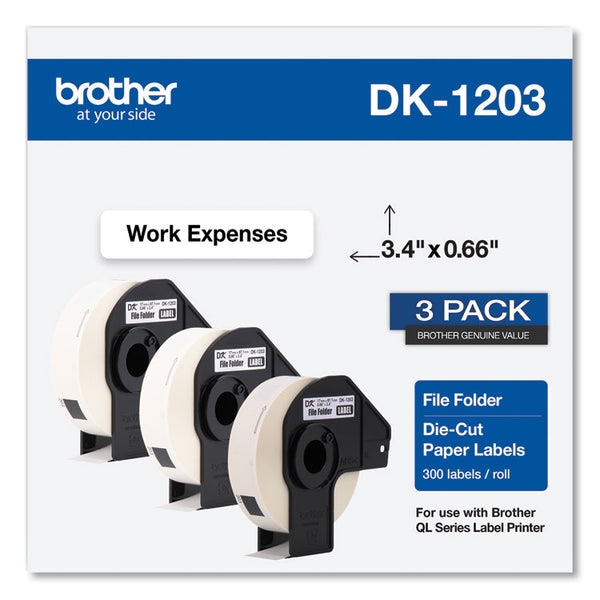 Brother Die-Cut File Folder Labels, 0.66 x 3.4, White, 300 Labels/Roll, 3 Rolls/Pack (BRTDK12033PK)