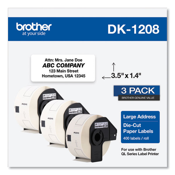 Brother Die-Cut Address Labels, 1.4 x 3.5, White, 400 Labels/Roll, 3 Rolls/Pack (BRTDK12083PK)