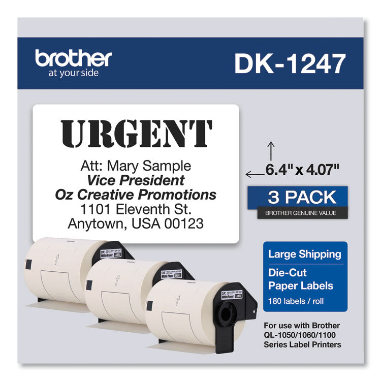 Brother Die-Cut Shipping Labels, 4.07 x 6.4, White, 180 Labels/Roll, 3 Rolls/Pack (BRTDK12473PK)