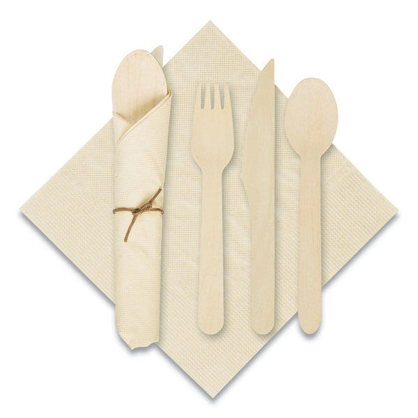 Hoffmaster® Pre-Rolled Caterwrap Kraft Napkins with Wood Cutlery, 6 x 12 Napkin;Fork;Knife;Spoon, 7" to 9", Kraft, 100/Carton (HFM120030)