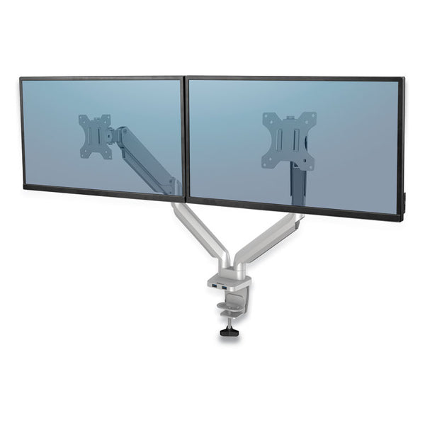 Fellowes® Platinum Series Dual Monitor Arm, For 27" Monitors, 360 deg Rotation, 45 deg Tilt, 180 deg Pan, Silver, Supports 20 lb (FEL8056501)