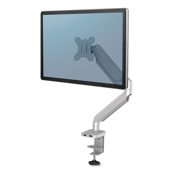 Fellowes® Platinum Series Single Monitor Arm, For 27" Monitors, 360 deg Rotation, 45 deg Tilt, 180 deg Pan, Silver, Supports 20 lb (FEL8056401)