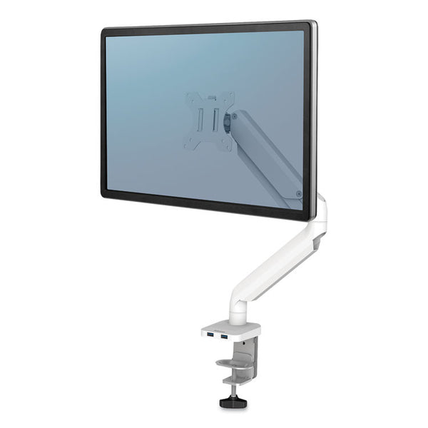 Fellowes® Platinum Series Single Monitor Arm, For 27" Monitors, 360 deg Rotation, 45 deg Tilt, 180 deg Pan, White, Supports 20 lb (FEL8056201)