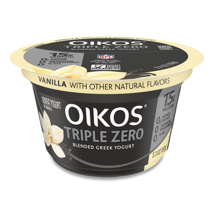 OIKOS® Triple Zero Blended Greek Nonfat Yogurt, 5.3 oz, Strawberry/Mixed Berry/Vanilla, 18/Carton, Ships in 1-3 Business Days (GRR90200027)