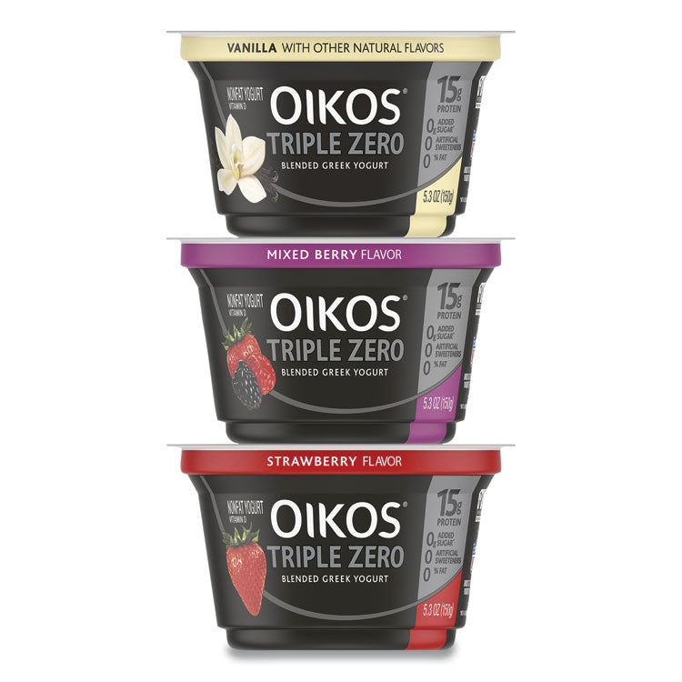 OIKOS® Triple Zero Blended Greek Nonfat Yogurt, 5.3 oz, Strawberry/Mixed Berry/Vanilla, 18/Carton, Ships in 1-3 Business Days (GRR90200027)