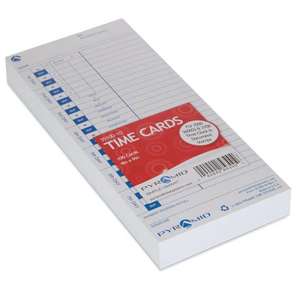 Pyramid Technologies Time Clock Cards for Pyramid Technologies 3000, One Side, 4 x 9, 100/Pack (PTI3510010) Pack of 100