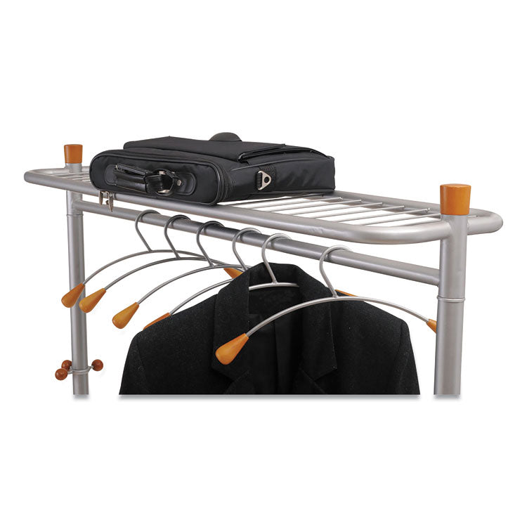 Alba™ Garment Racks, Two-Sided, 2-Shelf Coat Rack, 6 Hanger/6 Hook, 44.8w x 21.67d x 70.8h, Silver/Wood (ABAPMLUX6)
