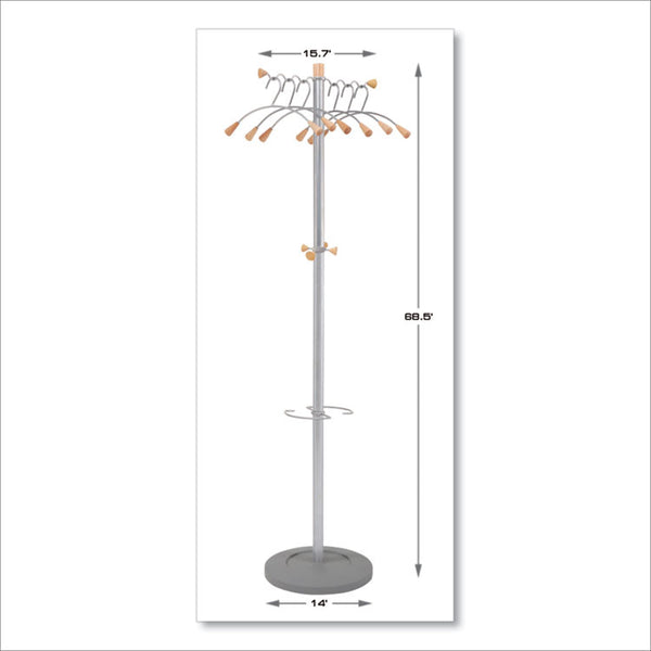 Alba™ Wavy Coat Tree, Six Hangers/Two Knobs/Four Hooks, 18.88w x 14d x 68.5h, Silver/Wood (ABAPMWAVE)