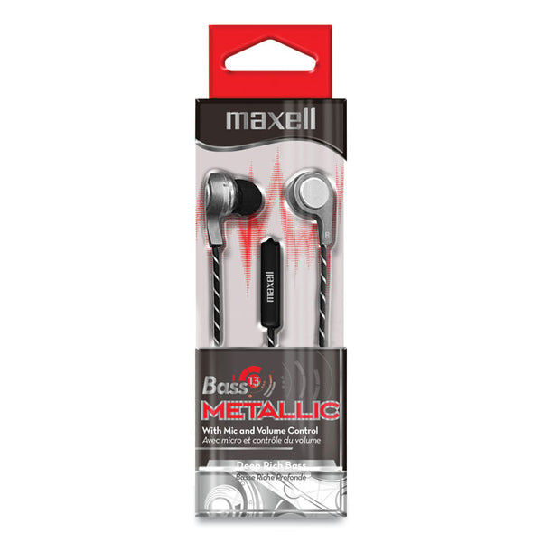 Maxell® Bass 13 Metallic Earbuds with Microphone, 4 ft Cord, Silver (MAX199600) Each