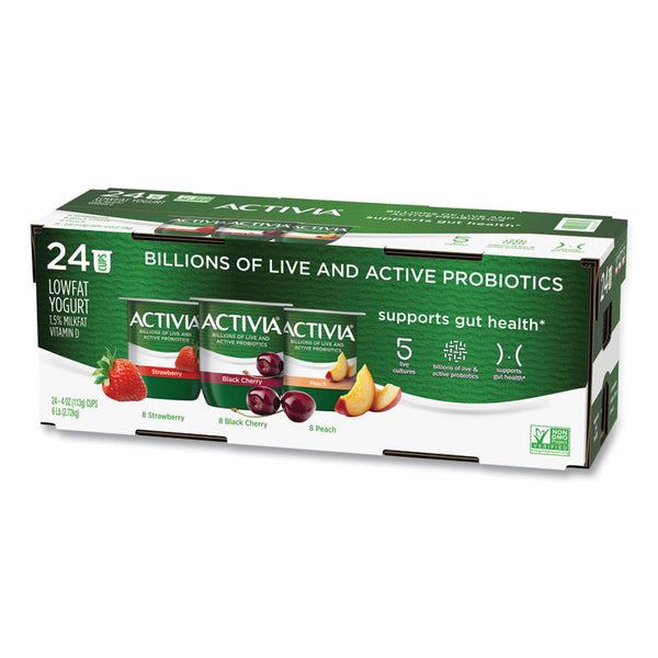 Activia® Probiotic Lowfat Yogurt, 4 oz Cups, Black Cherry/Peach/Strawberry, 24/Pack, Ships in 1-3 Business Days (GRR90200477)